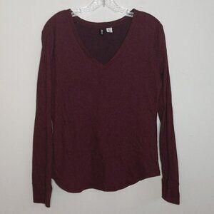 BDG Maroon V Neck Long Sleeve T Shirt